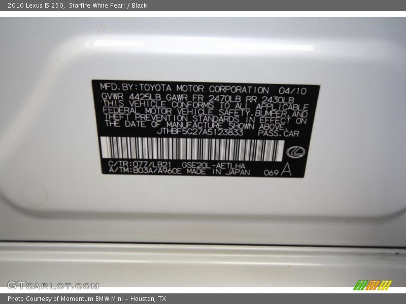 Starfire White Pearl / Black 2010 Lexus IS 250