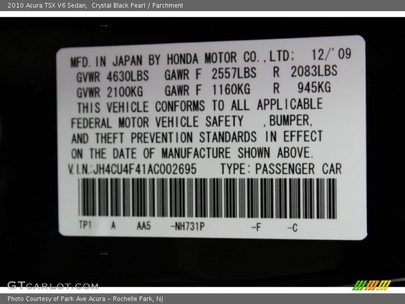 2010 TSX V6 Sedan Crystal Black Pearl Color Code NH731P