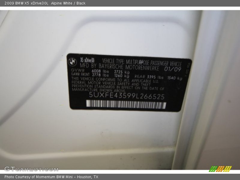 Alpine White / Black 2009 BMW X5 xDrive30i