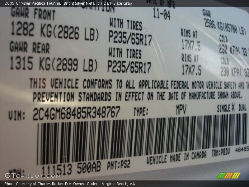 Bright Silver Metallic / Dark Slate Gray 2005 Chrysler Pacifica Touring
