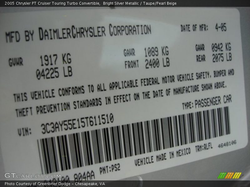 Bright Silver Metallic / Taupe/Pearl Beige 2005 Chrysler PT Cruiser Touring Turbo Convertible