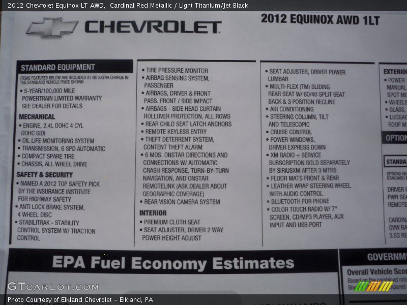  2012 Equinox LT AWD Window Sticker
