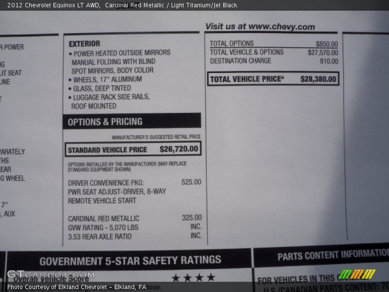  2012 Equinox LT AWD Window Sticker