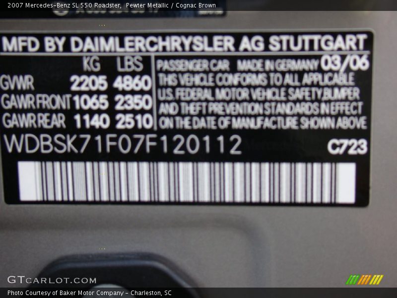 2007 SL 550 Roadster Pewter Metallic Color Code 723