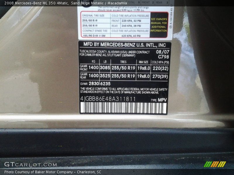 2008 ML 350 4Matic Sand Beige Metallic Color Code 798