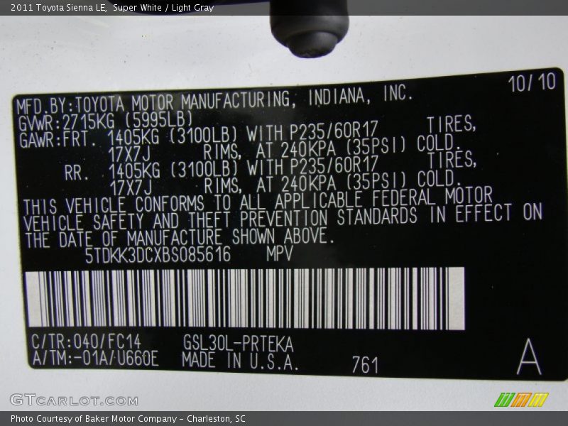 2011 Sienna LE Super White Color Code 040