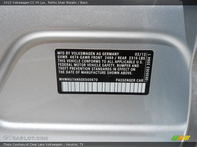 Reflex Silver Metallic / Black 2013 Volkswagen CC V6 Lux