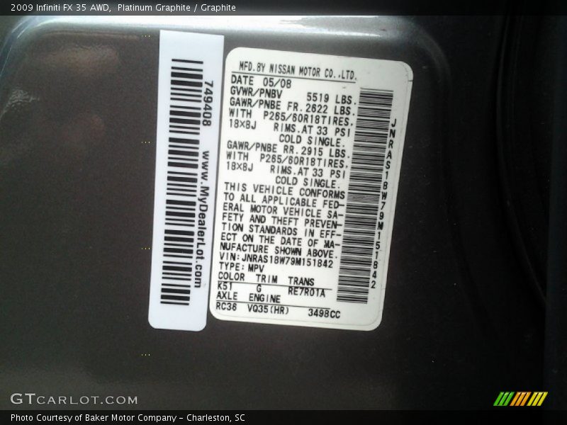 Platinum Graphite / Graphite 2009 Infiniti FX 35 AWD