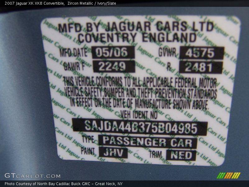 2007 XK XK8 Convertible Zircon Metallic Color Code JHV