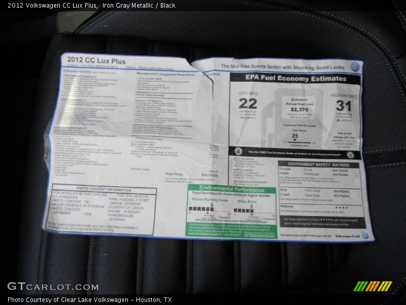 Iron Gray Metallic / Black 2012 Volkswagen CC Lux Plus