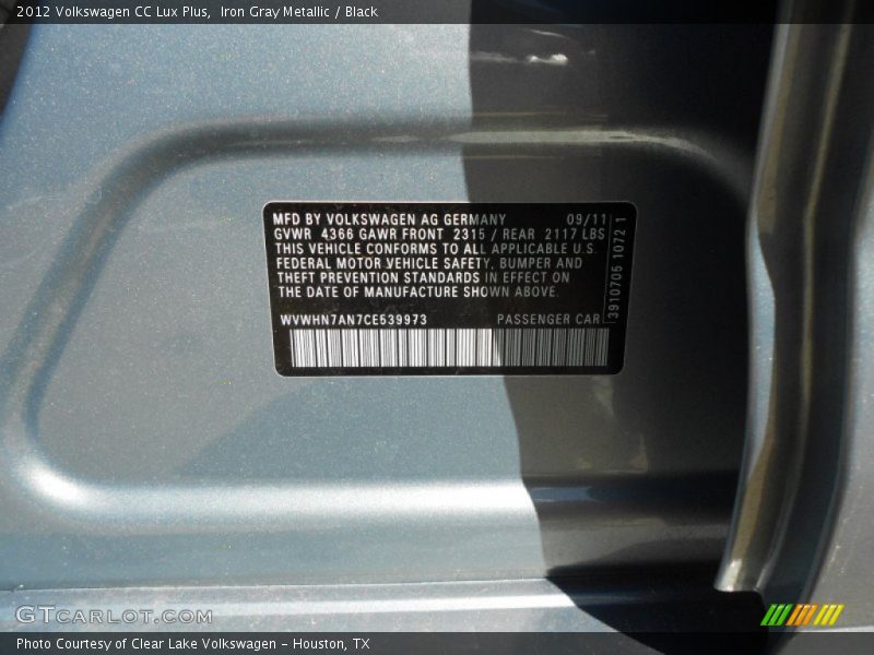 Iron Gray Metallic / Black 2012 Volkswagen CC Lux Plus