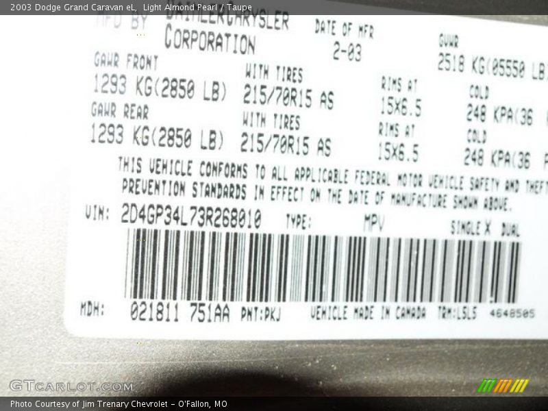 Light Almond Pearl / Taupe 2003 Dodge Grand Caravan eL