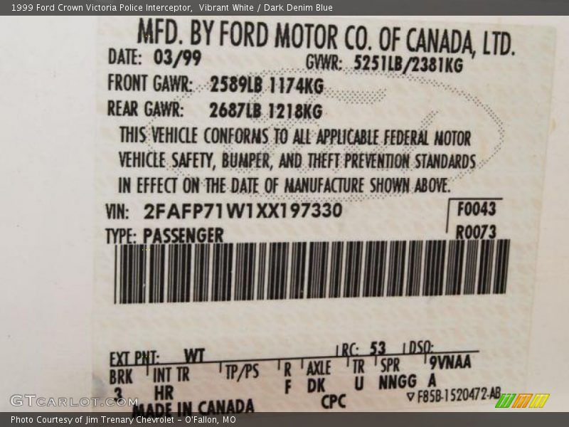 Vibrant White / Dark Denim Blue 1999 Ford Crown Victoria Police Interceptor