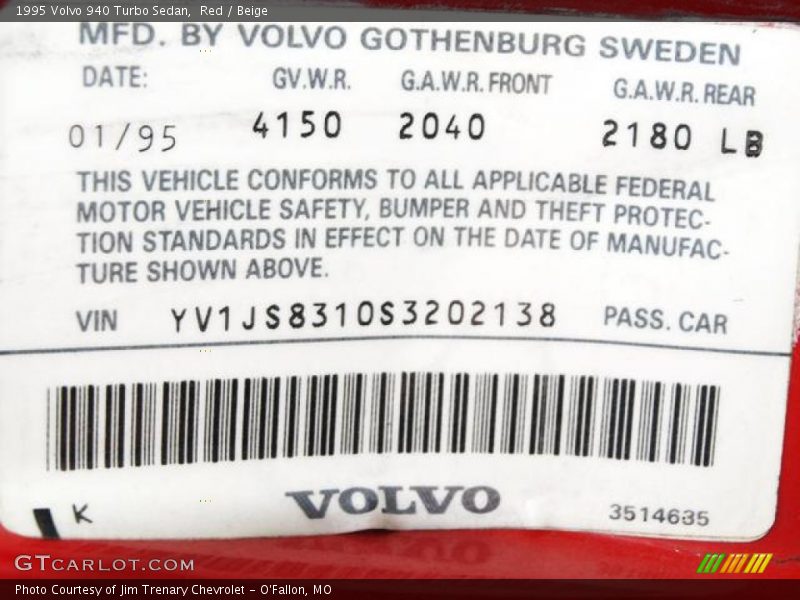 Red / Beige 1995 Volvo 940 Turbo Sedan