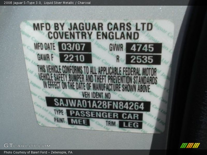 2008 S-Type 3.0 Liquid Silver Metallic Color Code MEE
