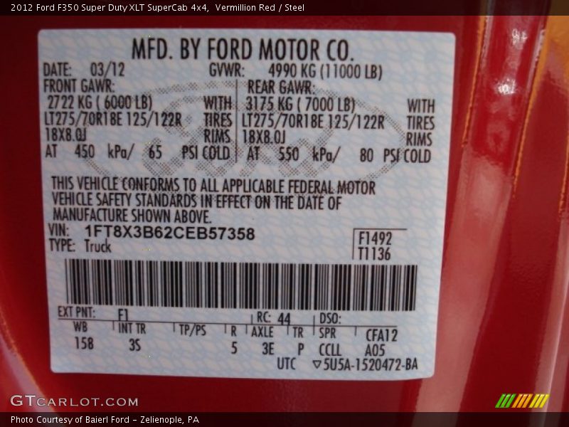 2012 F350 Super Duty XLT SuperCab 4x4 Vermillion Red Color Code F1