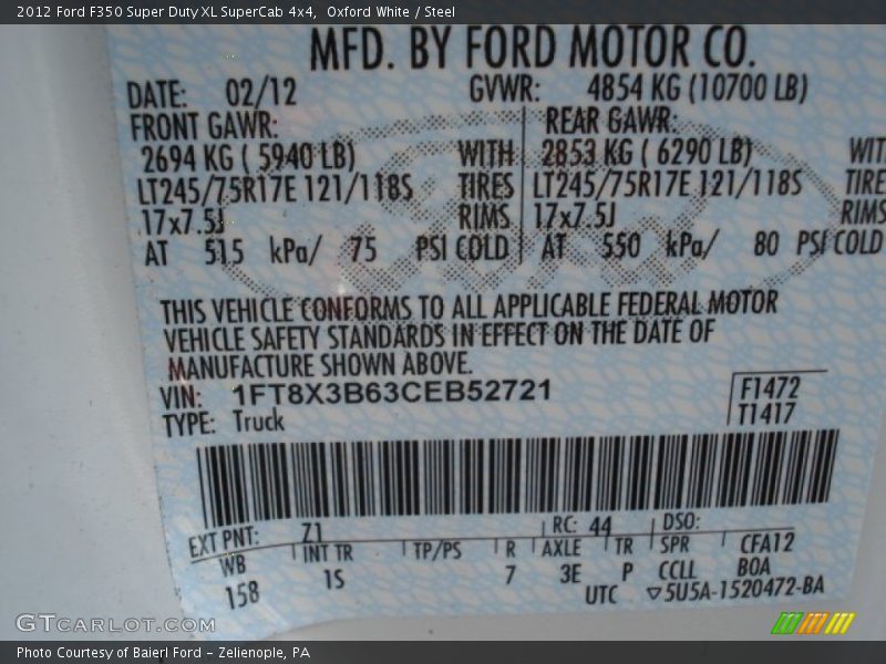 2012 F350 Super Duty XL SuperCab 4x4 Oxford White Color Code Z1