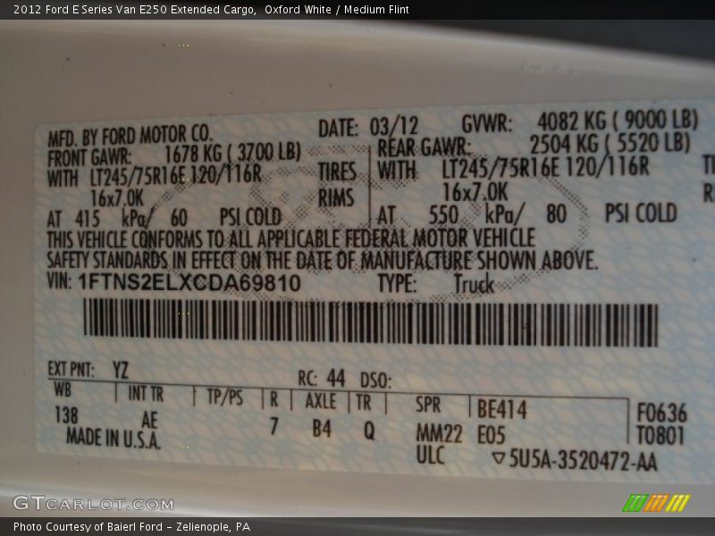 2012 E Series Van E250 Extended Cargo Oxford White Color Code YZ