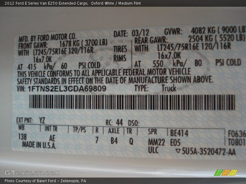 2012 E Series Van E250 Extended Cargo Oxford White Color Code YZ