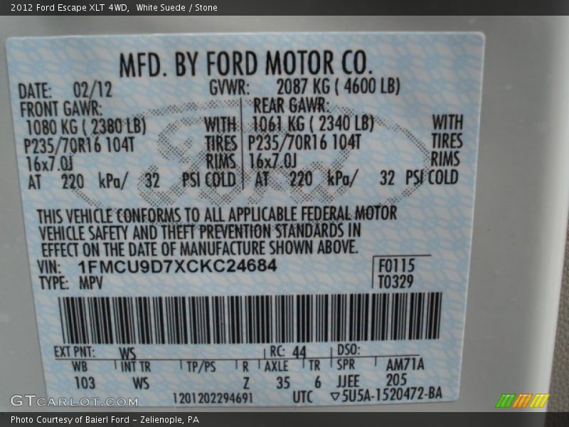 White Suede / Stone 2012 Ford Escape XLT 4WD