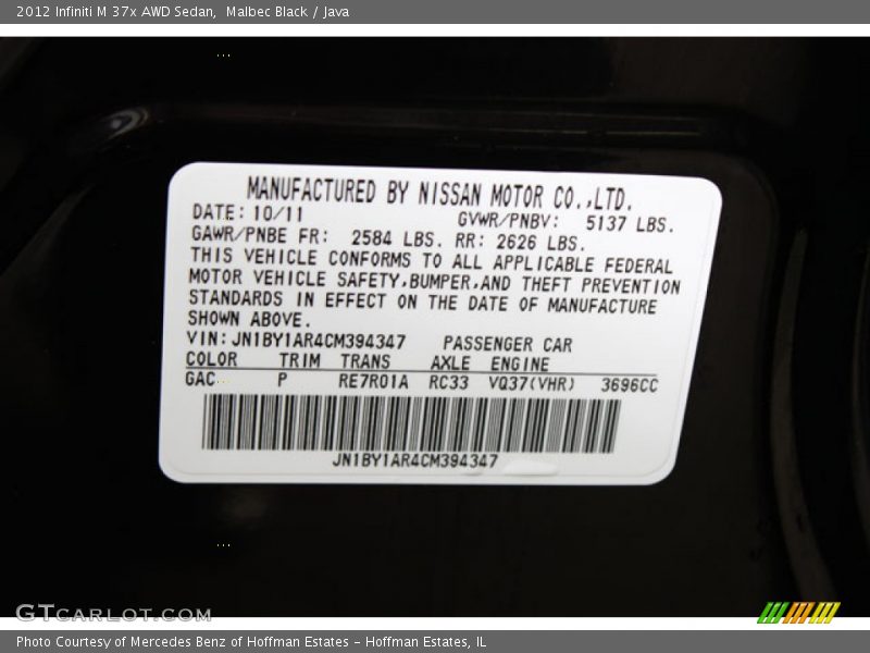 2012 M 37x AWD Sedan Malbec Black Color Code GAC