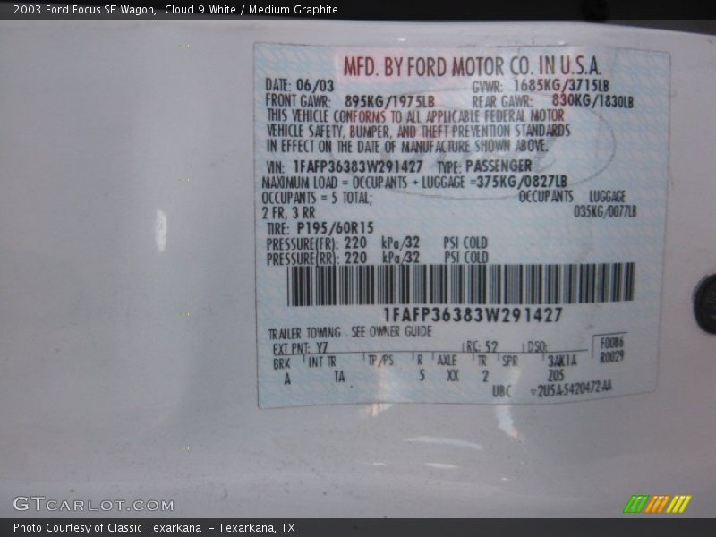 2003 Focus SE Wagon Cloud 9 White Color Code YZ