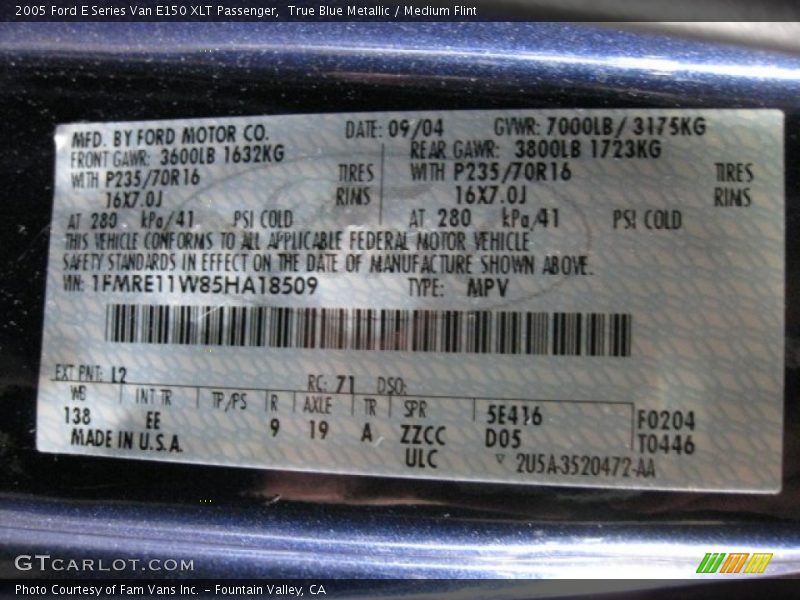 2005 E Series Van E150 XLT Passenger True Blue Metallic Color Code L2