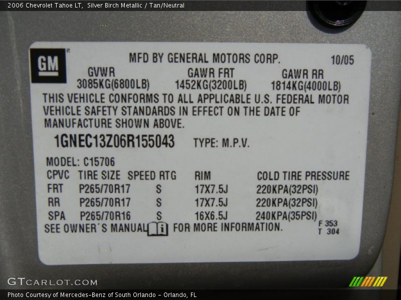 Silver Birch Metallic / Tan/Neutral 2006 Chevrolet Tahoe LT