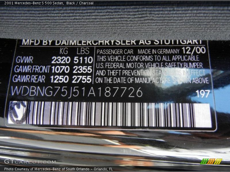 Black / Charcoal 2001 Mercedes-Benz S 500 Sedan