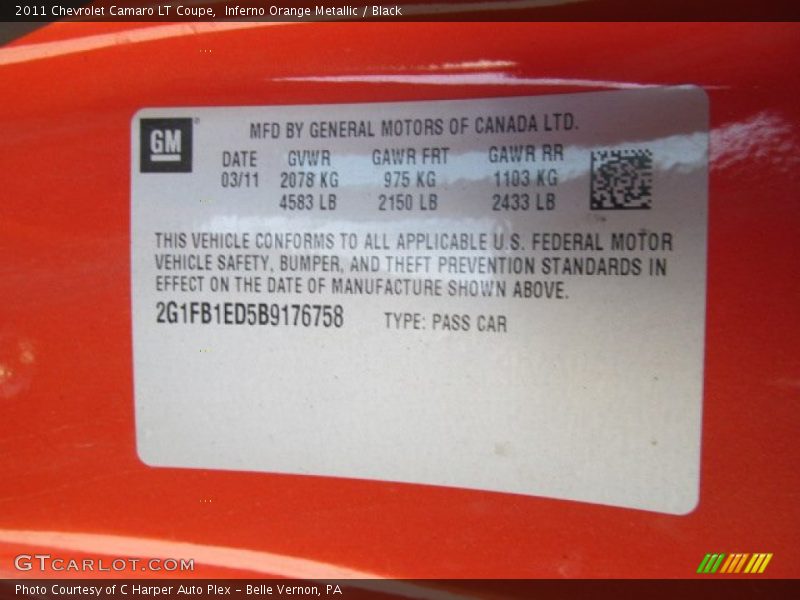 Info Tag of 2011 Camaro LT Coupe