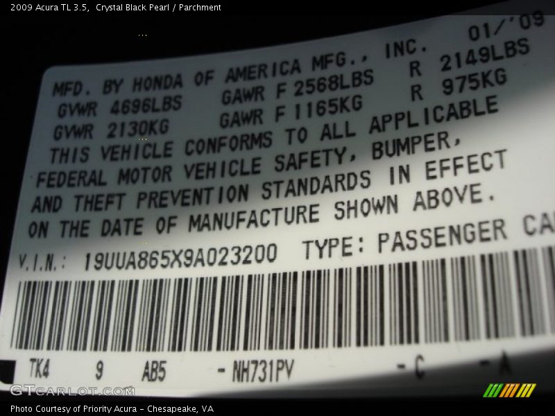 Crystal Black Pearl / Parchment 2009 Acura TL 3.5