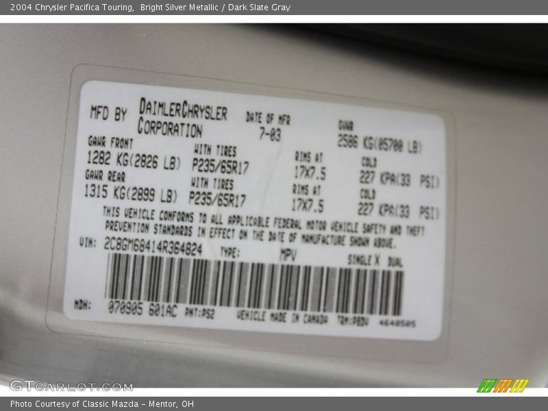 2004 Pacifica Touring Bright Silver Metallic Color Code PS2