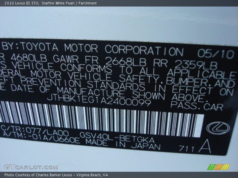 2010 ES 350 Starfire White Pearl Color Code 077