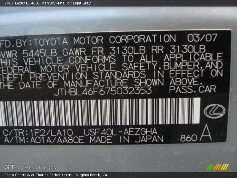 2007 LS 460 Mercury Metallic Color Code 1F2