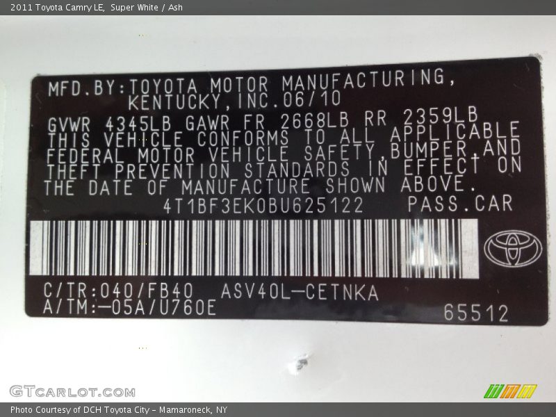 Super White / Ash 2011 Toyota Camry LE