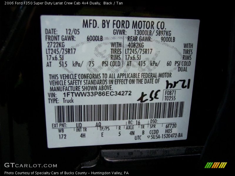 2006 F350 Super Duty Lariat Crew Cab 4x4 Dually Black Color Code UD