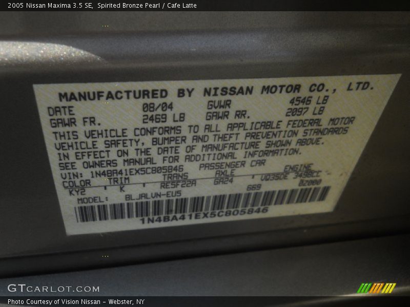 2005 Maxima 3.5 SE Spirited Bronze Pearl Color Code KY2