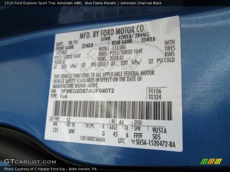 2010 Explorer Sport Trac Adrenalin AWD Blue Flame Metallic Color Code SZ