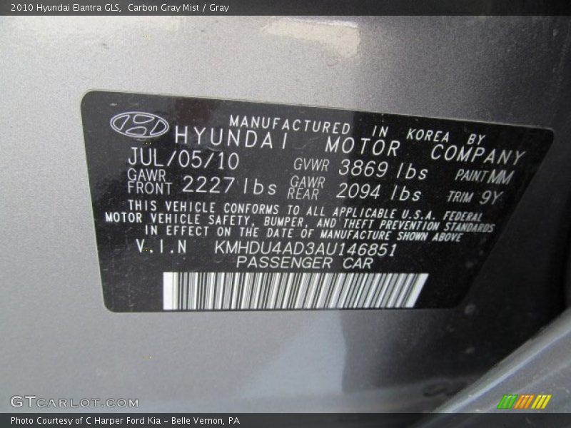 2010 Elantra GLS Carbon Gray Mist Color Code MM