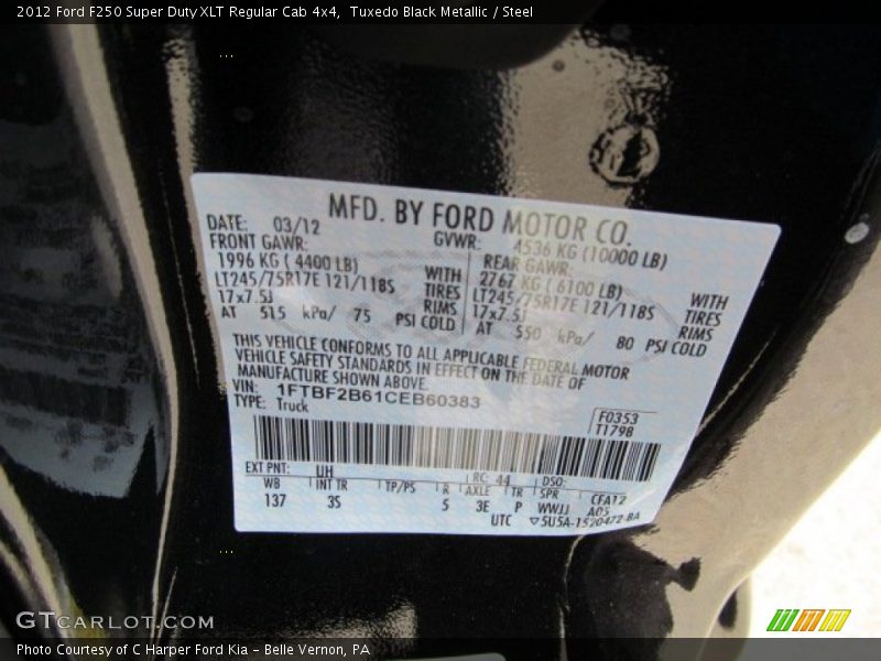 2012 F250 Super Duty XLT Regular Cab 4x4 Tuxedo Black Metallic Color Code UH