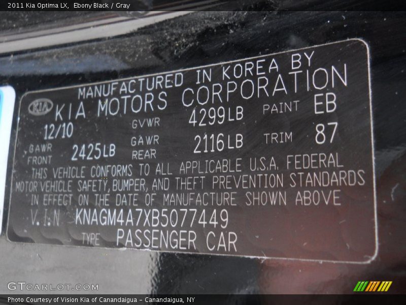 Ebony Black / Gray 2011 Kia Optima LX