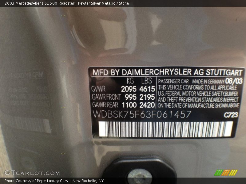 2003 SL 500 Roadster Pewter Silver Metallic Color Code 723