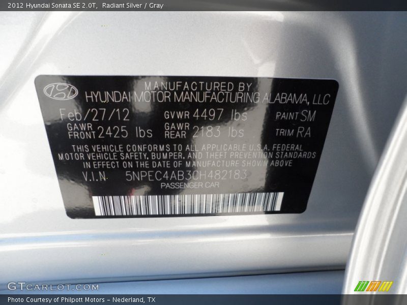 Radiant Silver / Gray 2012 Hyundai Sonata SE 2.0T