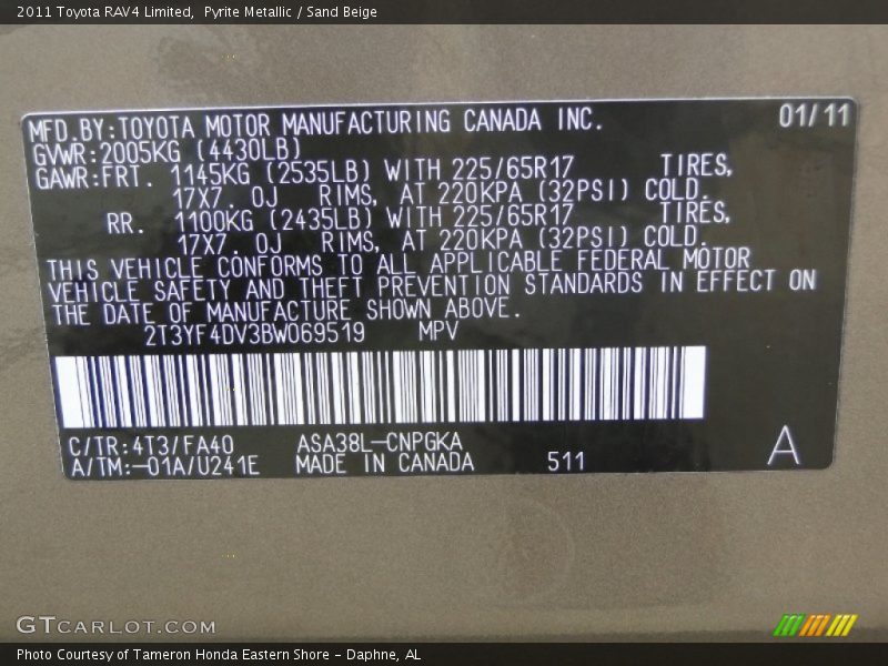 2011 RAV4 Limited Pyrite Metallic Color Code 4T3