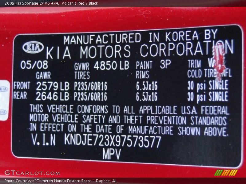 2009 Sportage LX V6 4x4 Volcanic Red Color Code 3P