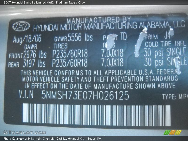 2007 Santa Fe Limited 4WD Platinum Sage Color Code TD