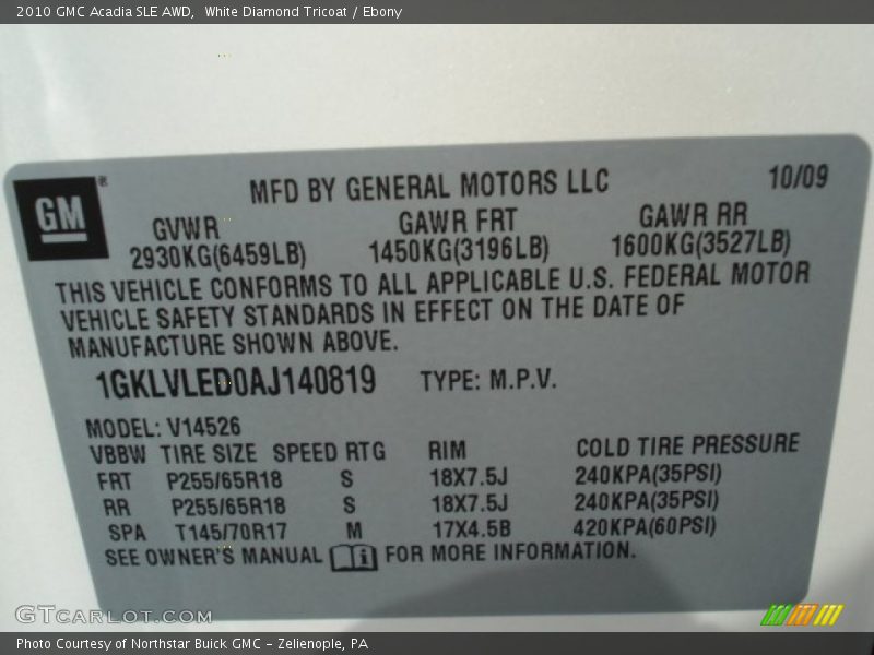White Diamond Tricoat / Ebony 2010 GMC Acadia SLE AWD