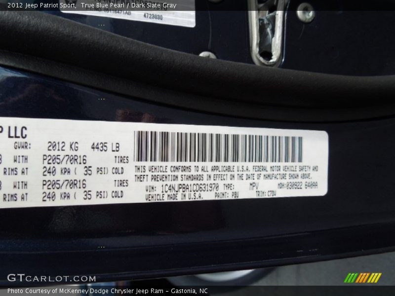 True Blue Pearl / Dark Slate Gray 2012 Jeep Patriot Sport