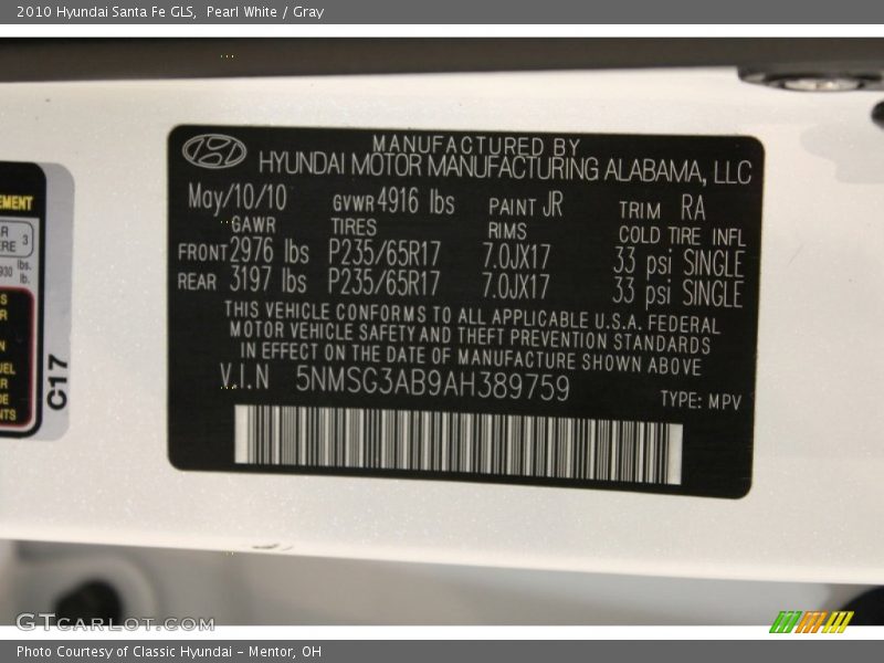 Pearl White / Gray 2010 Hyundai Santa Fe GLS