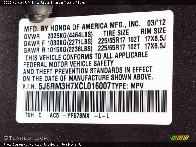 2012 CR-V EX-L Urban Titanium Metallic Color Code YR578MX